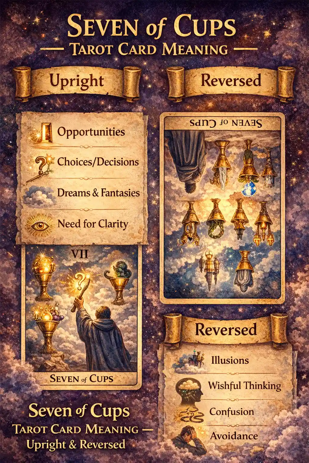 Seven of Cups Tarot Card Meaning — Upright & Reversed