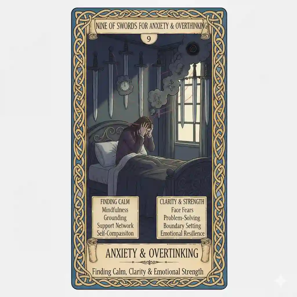 Nine of Swords for Anxiety & Overthinking — Finding Calm, Clarity, and Emotional Strength Nine of Swords for Anxiety & Overthinking — Finding Calm, Clarity, and Emotional Strength