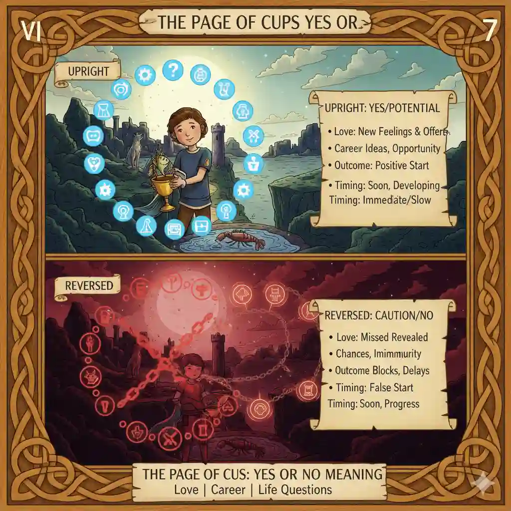 Page of Cups Yes or No — Upright & Reversed Meaning in Love, Career & Life Questions