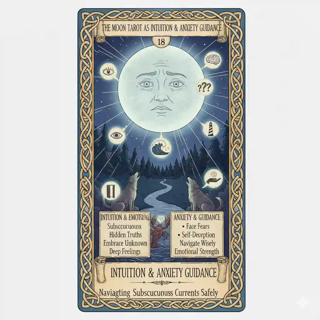 The Moon Tarot Card as Intuition, Emotional Depth & Anxiety Guidance — Navigating Subconscious Currents Safely