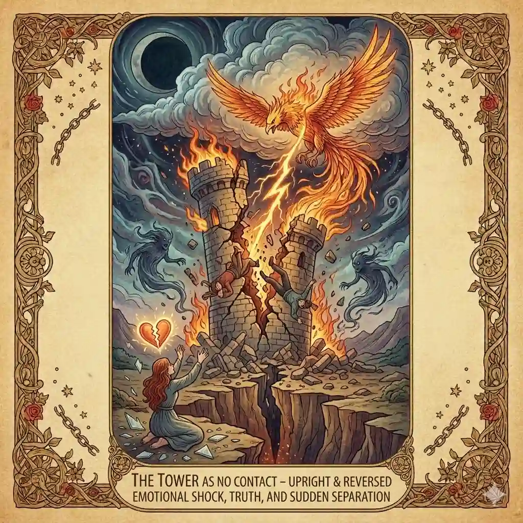 The Tower as No Contact – Upright & Reversed Meanings | Emotional Shock, Truth, and Sudden Separation